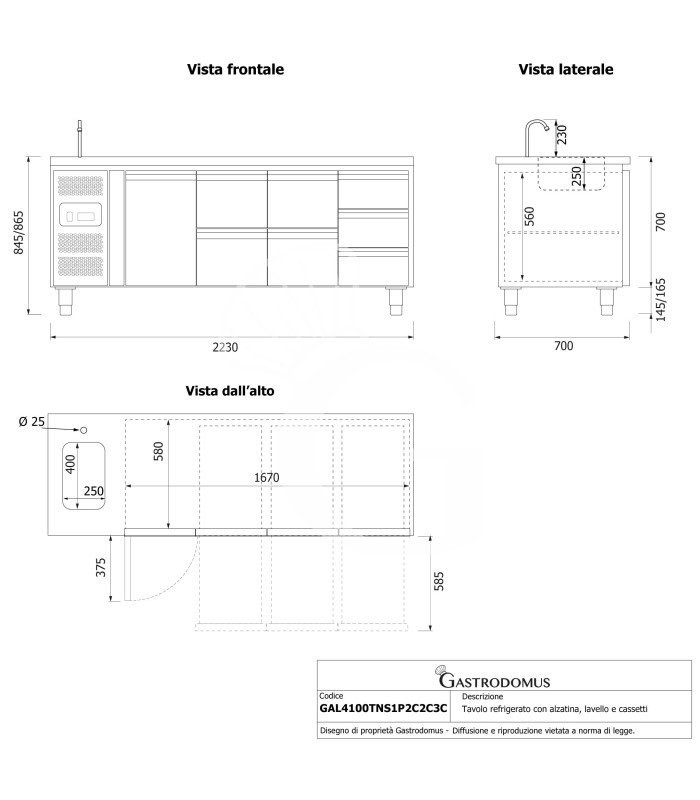 Mesa refrigerada con fregadero 7 cajones 1 puerta , motor a la izquierda, Prof. 700 mm, temp. +2°C/+8°C, con grifo