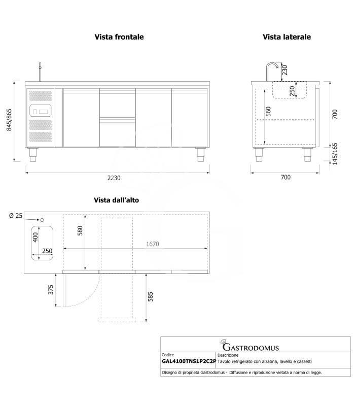 Mesa refrigerada con fregadero 2 cajones 3 puertas, motor a la izquierda, prof. 700 mm, temperatura +2°C/+8°C, con grifo.