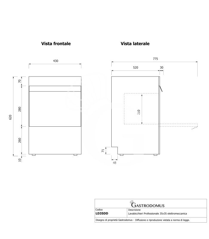 Lavavasos profesional 35x35 H210 electromecánico de doble pared con dosificador de abrillantador y detergente