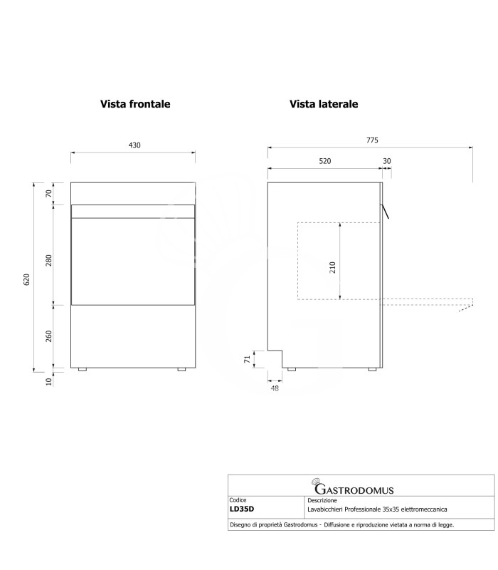 Lavavasos profesional 35x35 H210 electromecánico de doble pared con dosificador de abrillantador