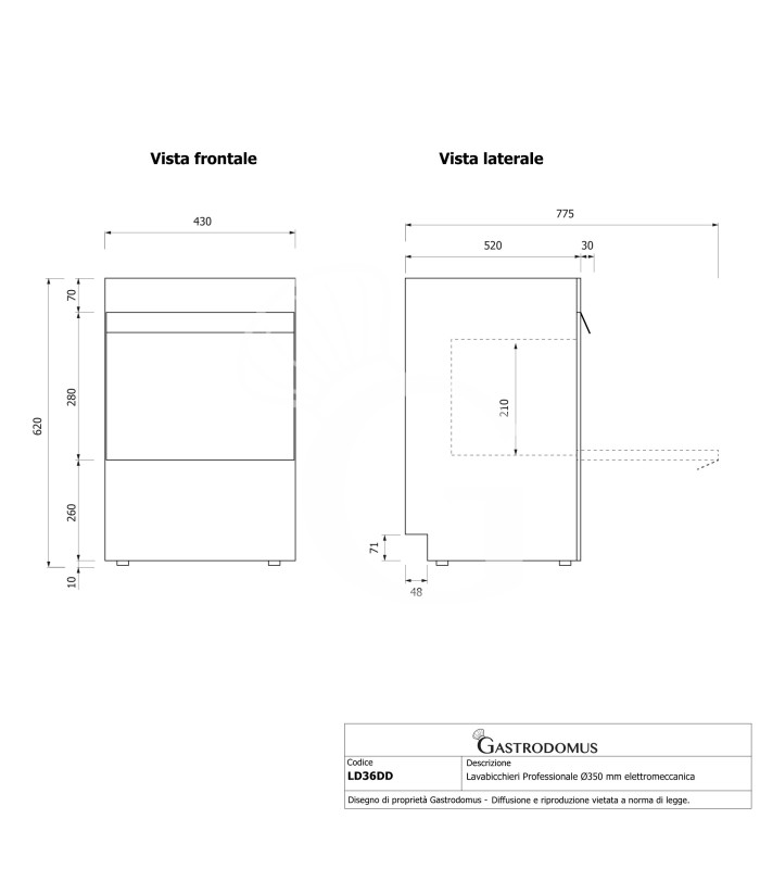 Lavavasos profesional cesta Ø350 mm H 210 electromecánico de doble pared con dosificador de abrillantador