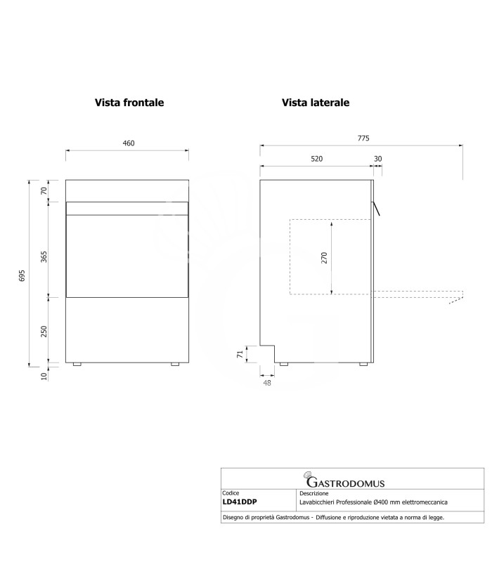 Lavavasos profesional Ø400 mm H270 electromecánico doble pared con dosificador y bomba de desagüe