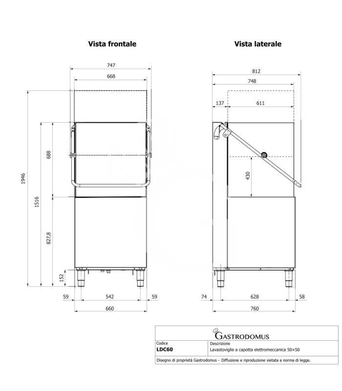 Lavavajillas de capota electromecánico con cesta cuadrada de 500 × 500 mm, altura útil de 430 mm