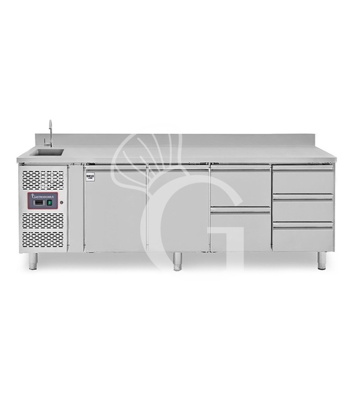 Mesa refrigerada 5 cajones 2 puertas con fregadero y peto, motor a la izquierda, Prof. 700 mm, temp. +2°C/+8°C, con grifo