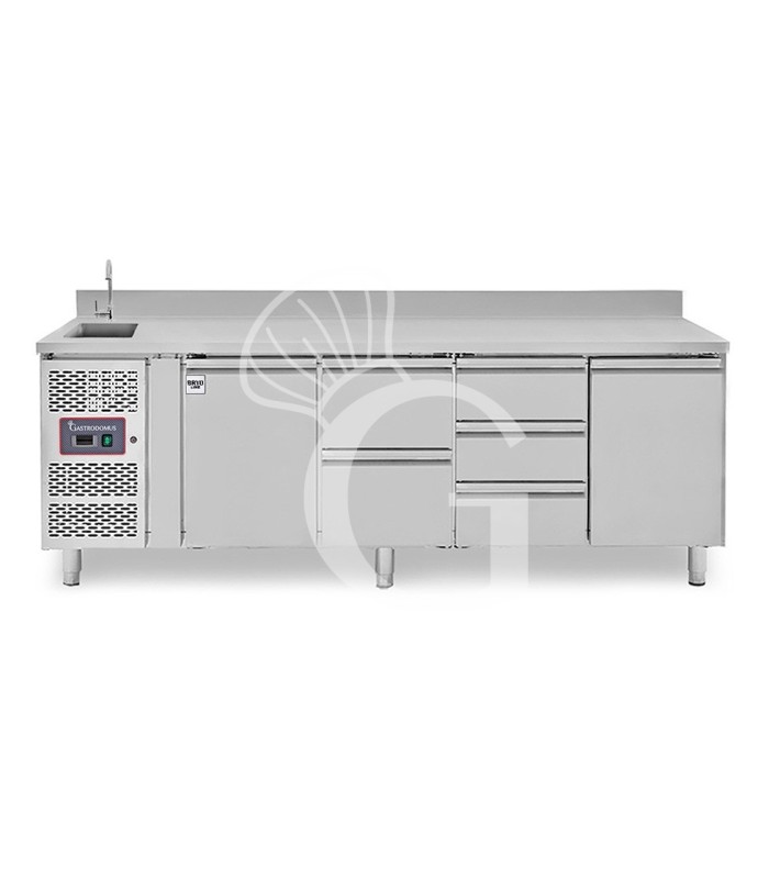 Mesa refrigerada 5 cajones 2 puertas con fregadero y peto, motor a la izquierda - P700 mm, +2°C/+8°C, con grifo