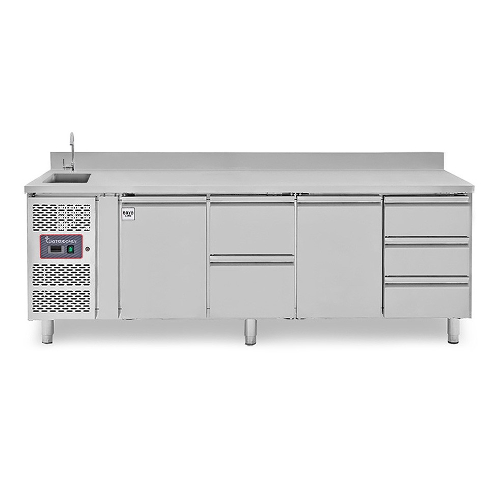 Mesa refrigerada 5 cajones 2 puertas con fregadero y peto, motor a la izquierda, Prof. 700 mm, temp. +2°C/+8°C, con grifo