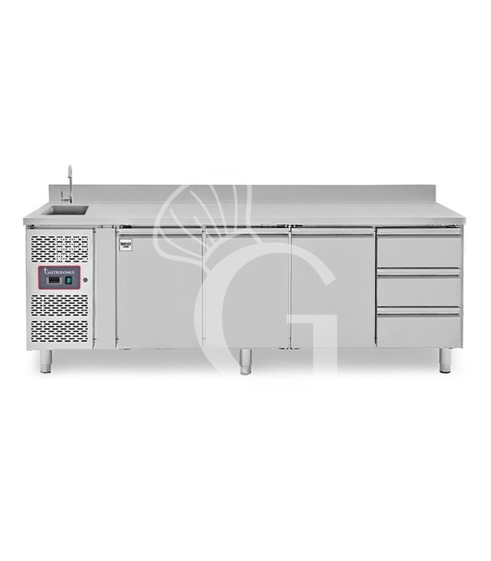 Mesa refrigerada con fregadero, armario, 3 cajones, 3 puertas con peto, motor a la izquierda, P 700 mm, +2 °C/+8 °C, con grifo