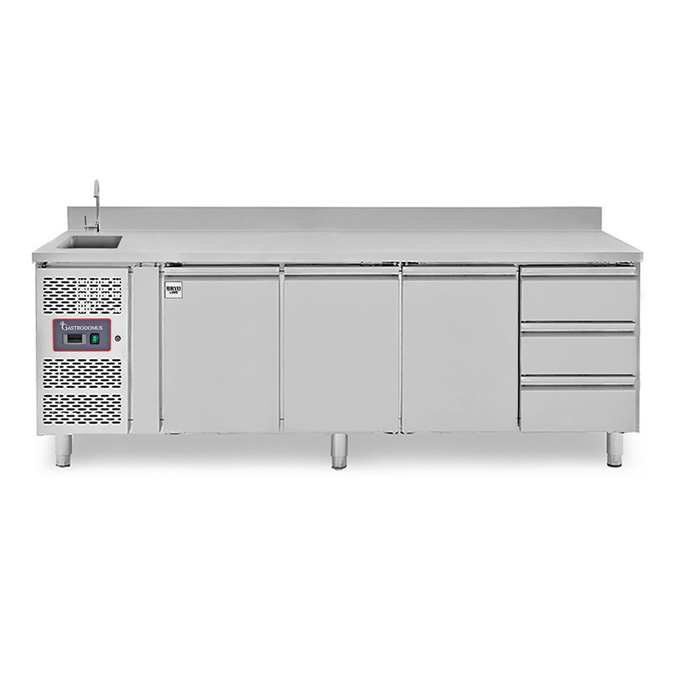 Mesa refrigerada con fregadero, armario, 3 cajones, 3 puertas con peto, motor a la izquierda, P 700 mm, +2 °C/+8 °C, con grifo
