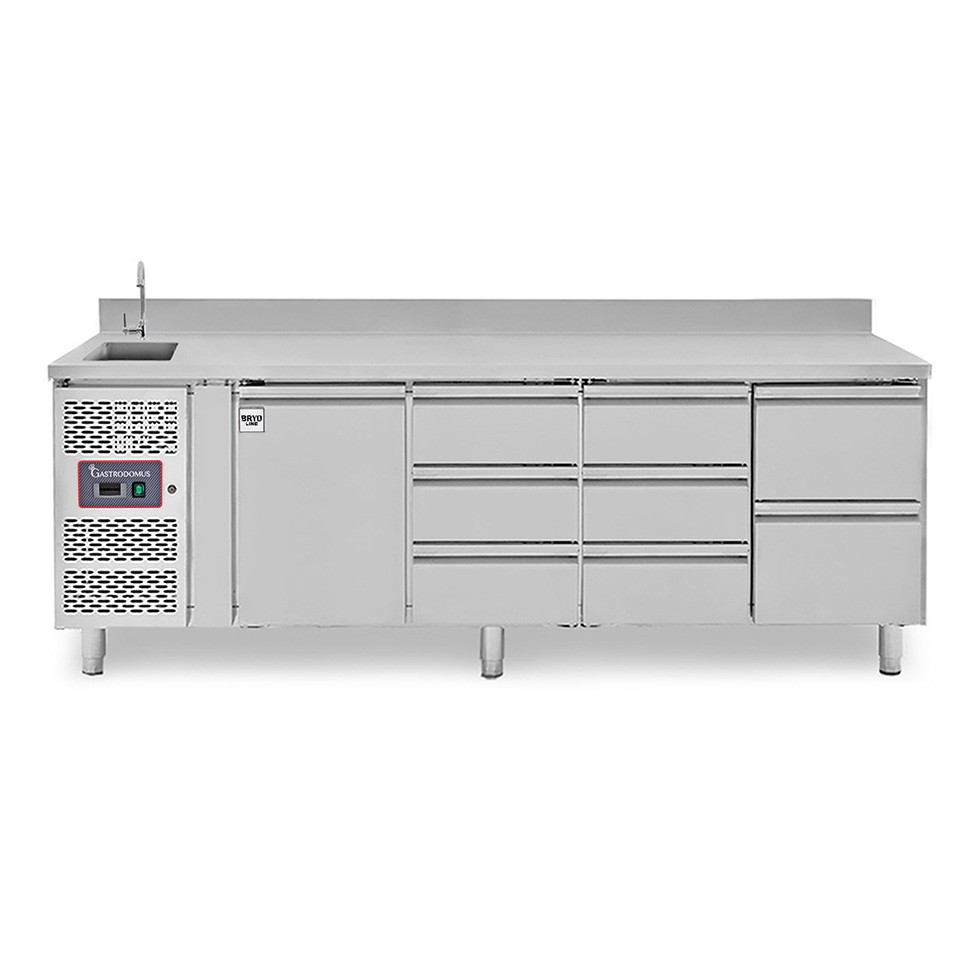 Mesa refrigerada 8 cajones 1 puerta con fregadero y peto, motor a la izquierda, Prof. 700 mm, temp. +2°C/+8°C, con grifo.