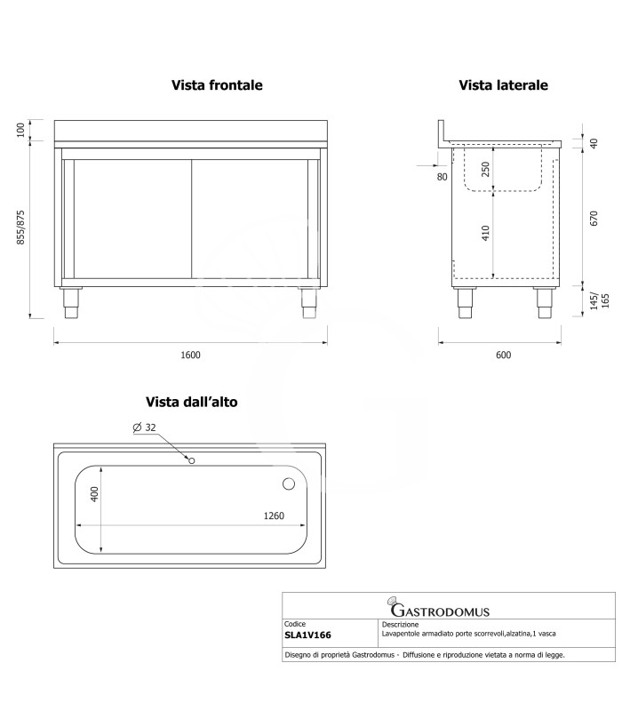 Fregadero utensilios en acero inox, puertas correderas,peto,1seno,L1600 x P600 x H965mm-con orificio grifo  Ø 32mm
