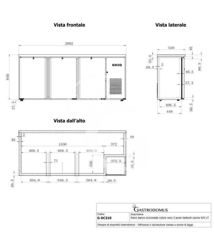 Mostrador trasero horizontal color negro 3 puertas batientes ciegas 425 L / +2°C/+8°C