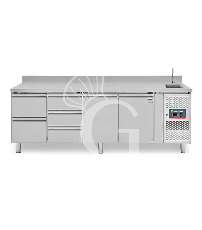 Mesa refrigerada 5 cajones 2 puertas con fregadero y peto, Prof. 700 mm , Temp.+2ºC/+8ºC, grifo incluido