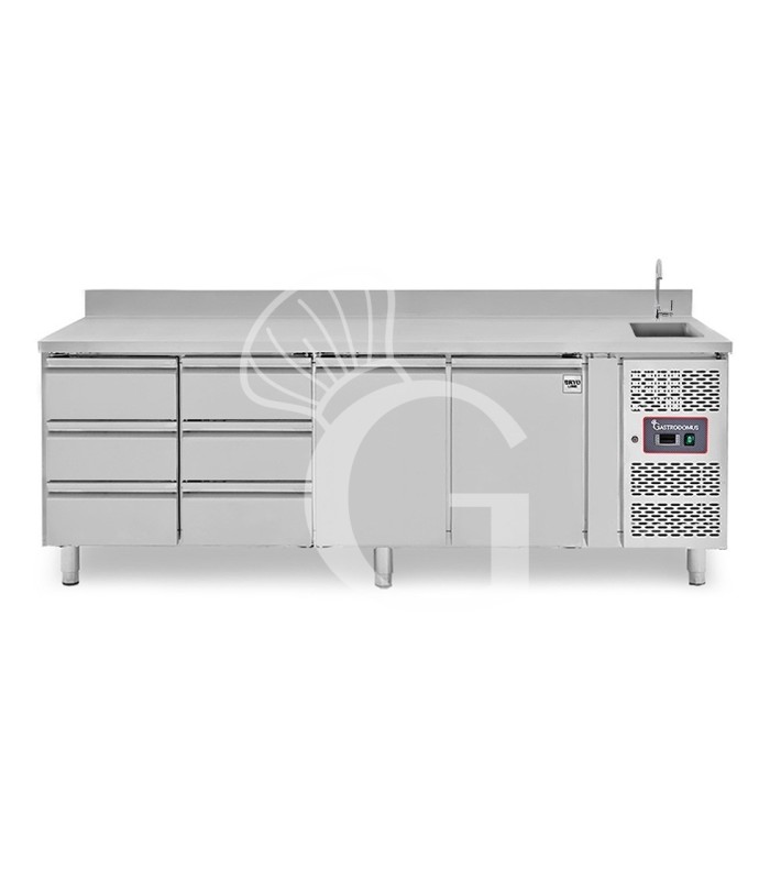 Mesa refrigerada 6 cajones 2 puertas con fregadero y peto , Prof.700 mm, Temp. +2ºC/+8ºC, grifo incluido