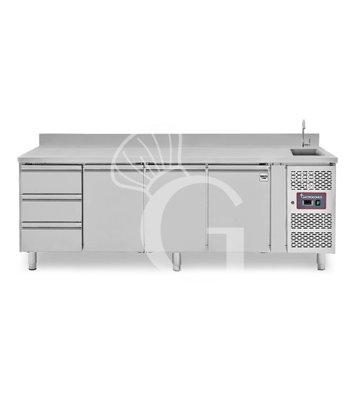 Mesa refrigerada 3 cajones 3 puertas con fregadero y peto , - Prof. 700 , Temp +2°C/+8°C, grifo incluido