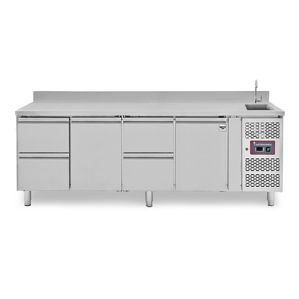 Mesa refrigerada 4 cajones 2 puertas con fregadero y peto , Prof. 700 mm. Temp. +22º1C/ + 8ºC, grifo incluido