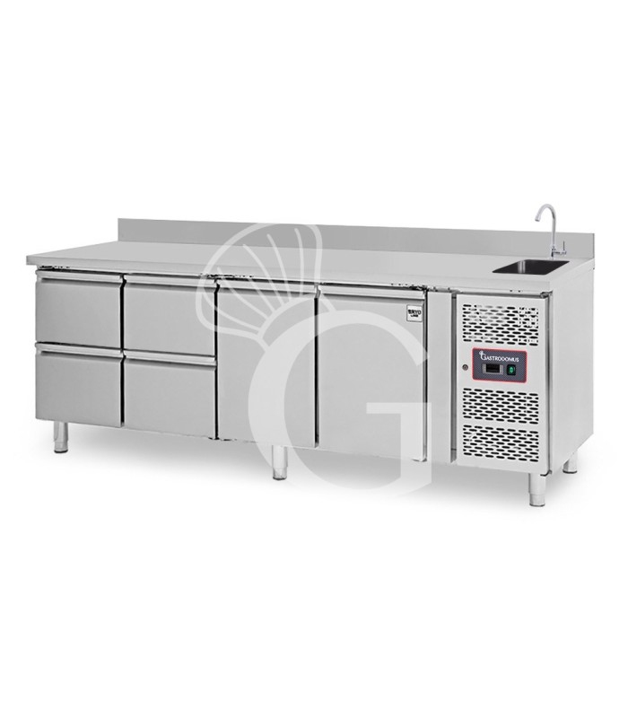 Mesa refrigerada 4 cajones 2 puertas con fregadero y peto , Prof. 700 mm, Temp. +2ºC/+8ºC, grifo incluido