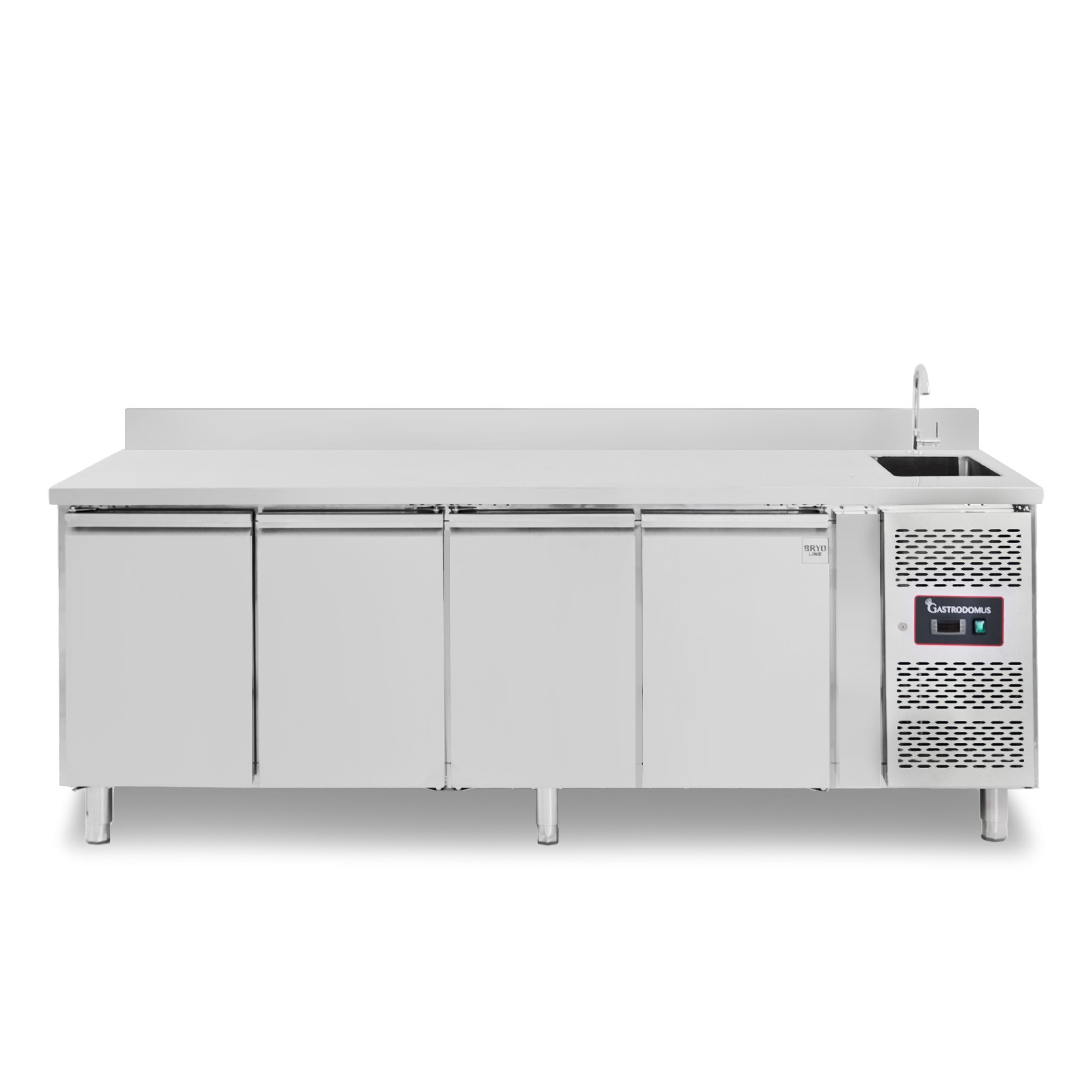 Mesa refrigerada 4 puertas con fregadero y peto motor derecho, Prof. 700 mm Temp.  -2°C/+8°C con grifo en dotación