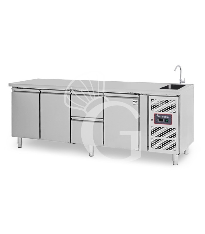 Mesa refrigerada 2 cajones 3 pùertas con fregadero , Prof . 700 mm , Temp, +2ºC/+8ºC, grifo incluido