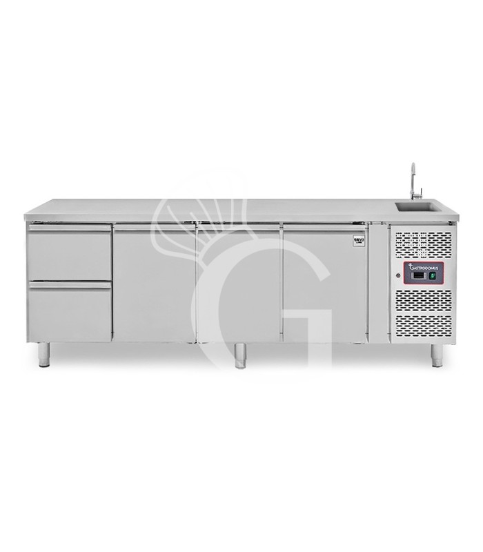 Mesa refrigerada 2 cajones 3 puertas con fregadero, Prof. 700 mm, Temp. +2ºC/ +8ºC , grifo incluido