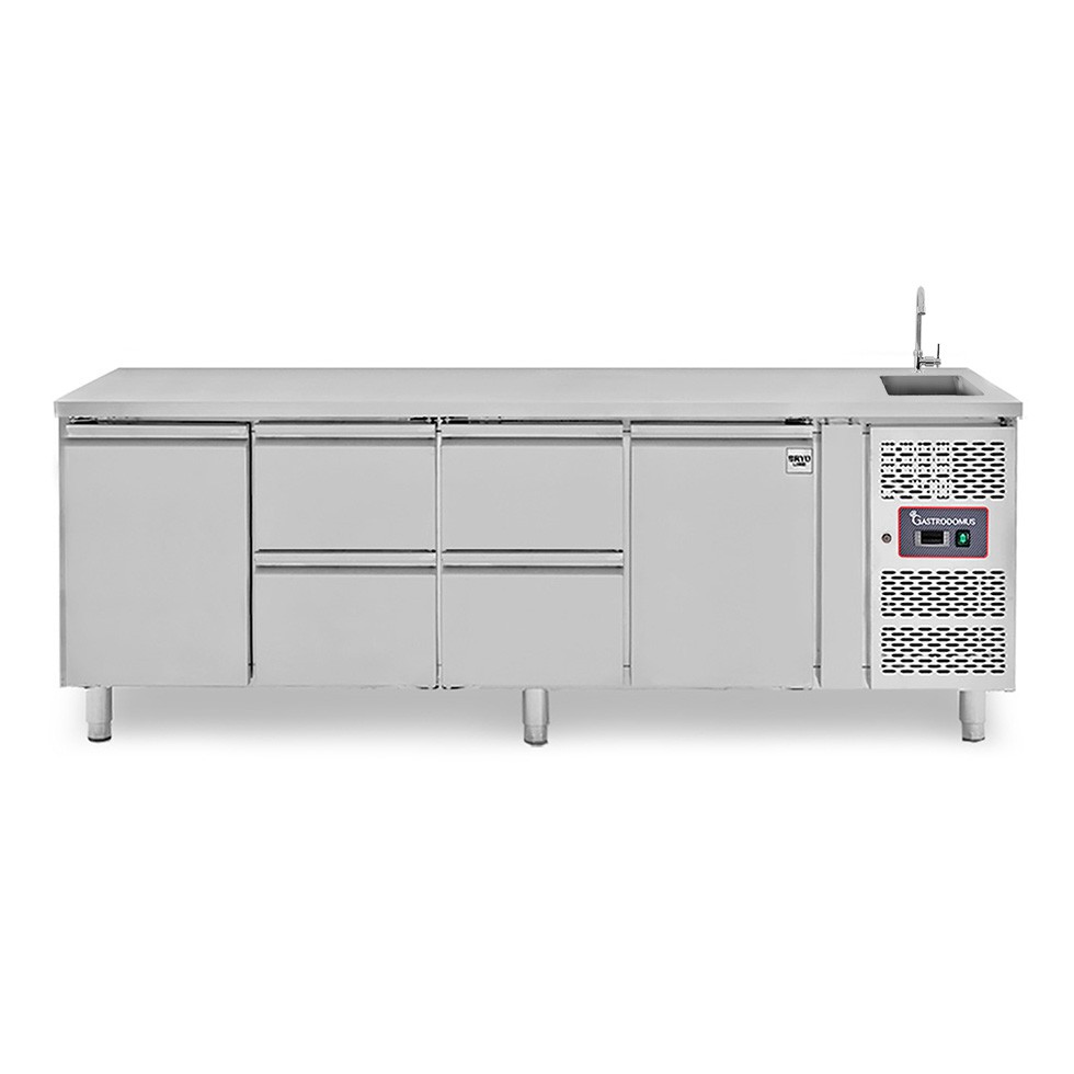Mesa refrigerada 4 cajones 2 puertas con fregadero, Prof. 700 mm , Temp. +2ºC/+8ºC, grifo incluido