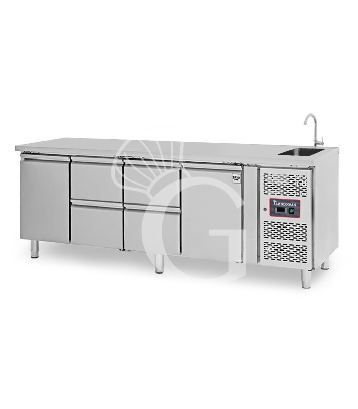 Mesa refrigerada 4 cajones 2 puertas con fregadero, Prof. 700 mm , Temp. +2ºC/+8ºC, grifo incluido