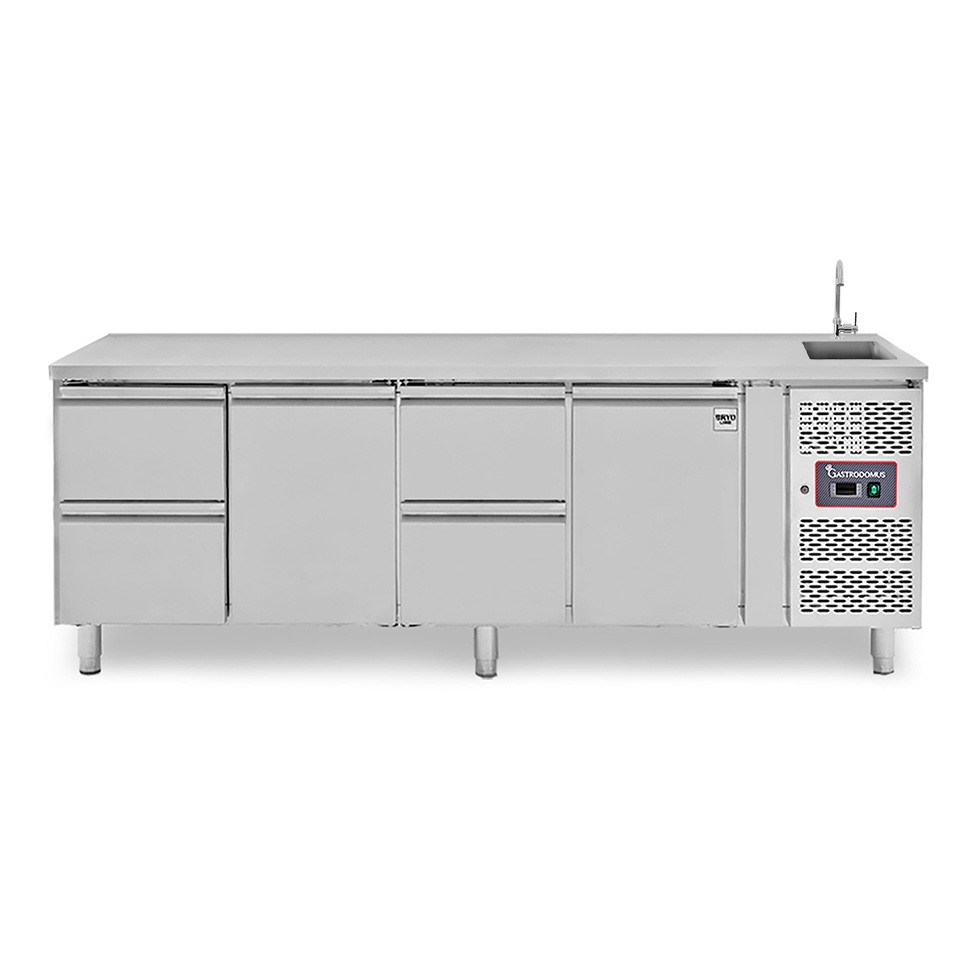 Mesa refrigerada 4 cajones 2 puertas con fregadero , Prof. 700 mm , Temp. +2ºC/+8ºC, grifo incluido