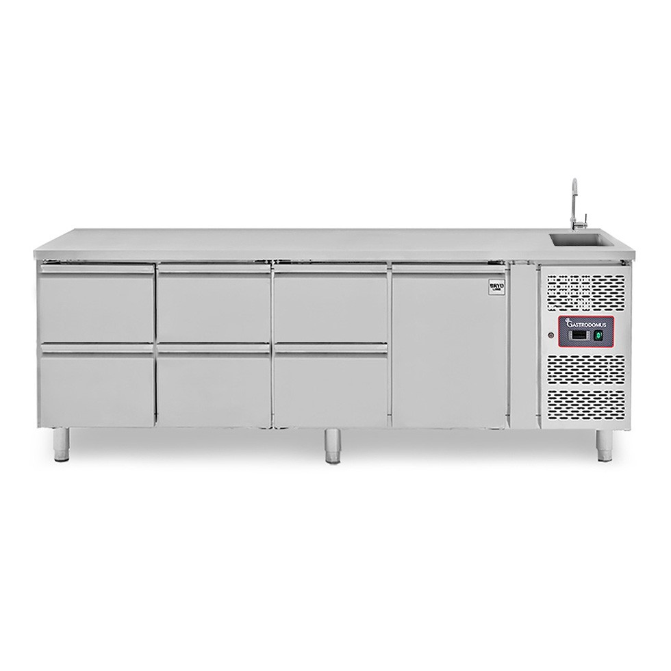 Mesa refrigerada 6 cajones 1 puerta con fregadero, Prof. 700 mm, Temp. +2ºC/+8ºC, grifo incluido