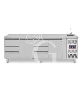 Mesa refrigerada 6 cajones 2 puertas con fregadero, Prof. 700 mm, Temp.+2º1C/+8ºC, grifo incluido