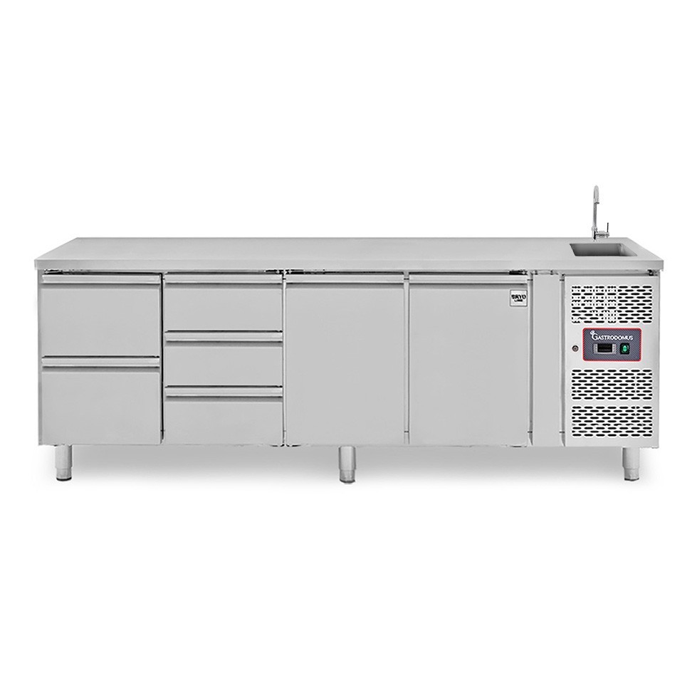 Mesa refrigerada 5 cajones 2 puertas con fregadero , Prof.700 mm, Temp. +2ºC/+8ºC, grifo incluido