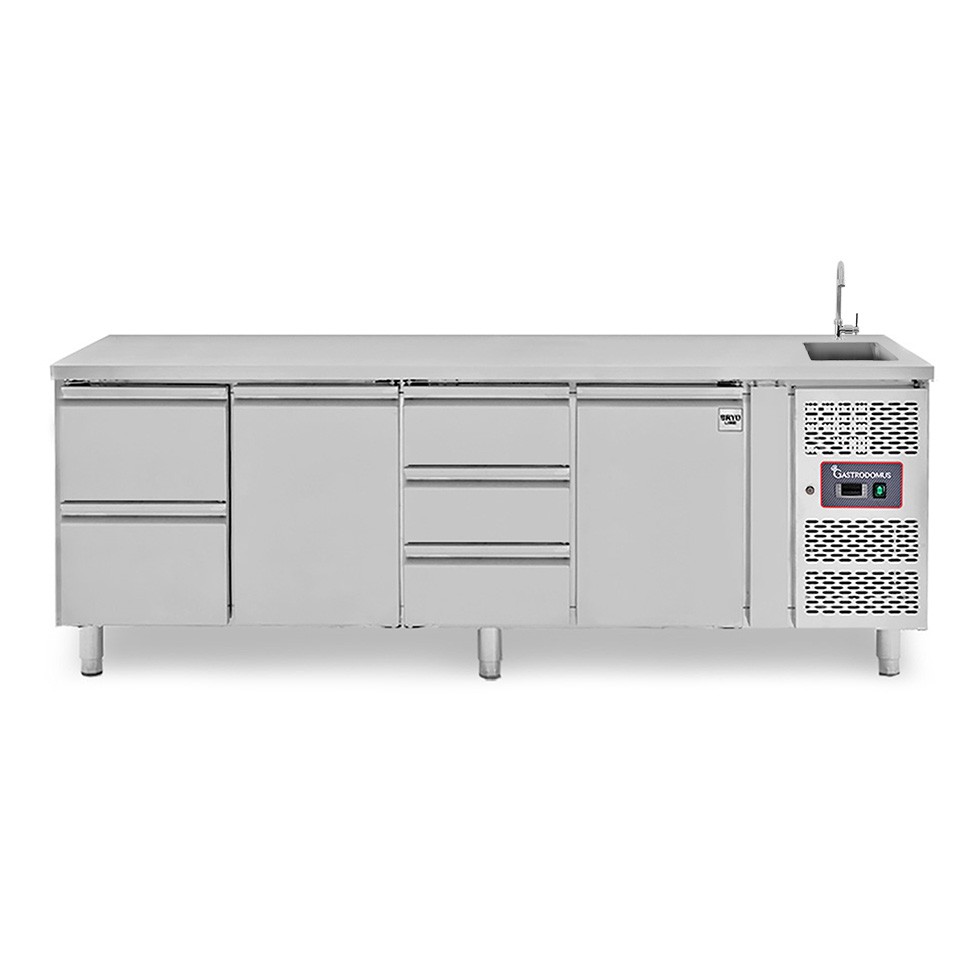 Mesa refrigerada 5 cajones 2 puertas con fregadero, Prof. 700 mm , Temp. +2°C/+8°C, grifo incluido