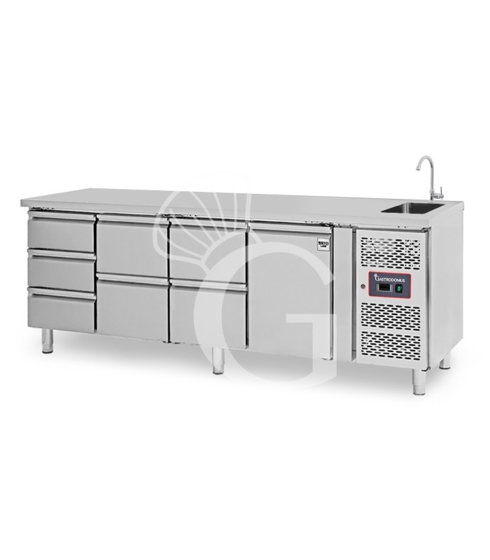 Mesa refrigerada con fregadero, 7 cajones, 1 puerta, Prof. 700 mm, temp. +2°C/+8°C - con grifo