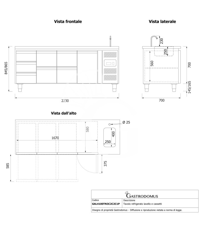Mesa refrigerada con fregadero, 7 cajones, 1 puerta, Prof. 700 mm, temp. +2°C/+8°C - con grifo