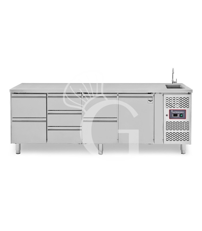 Mesa refrigerada con fregadero 7 cajones, 1 puerta - Prof. 700 mm, temp. +2°C/+8°C, con grifo