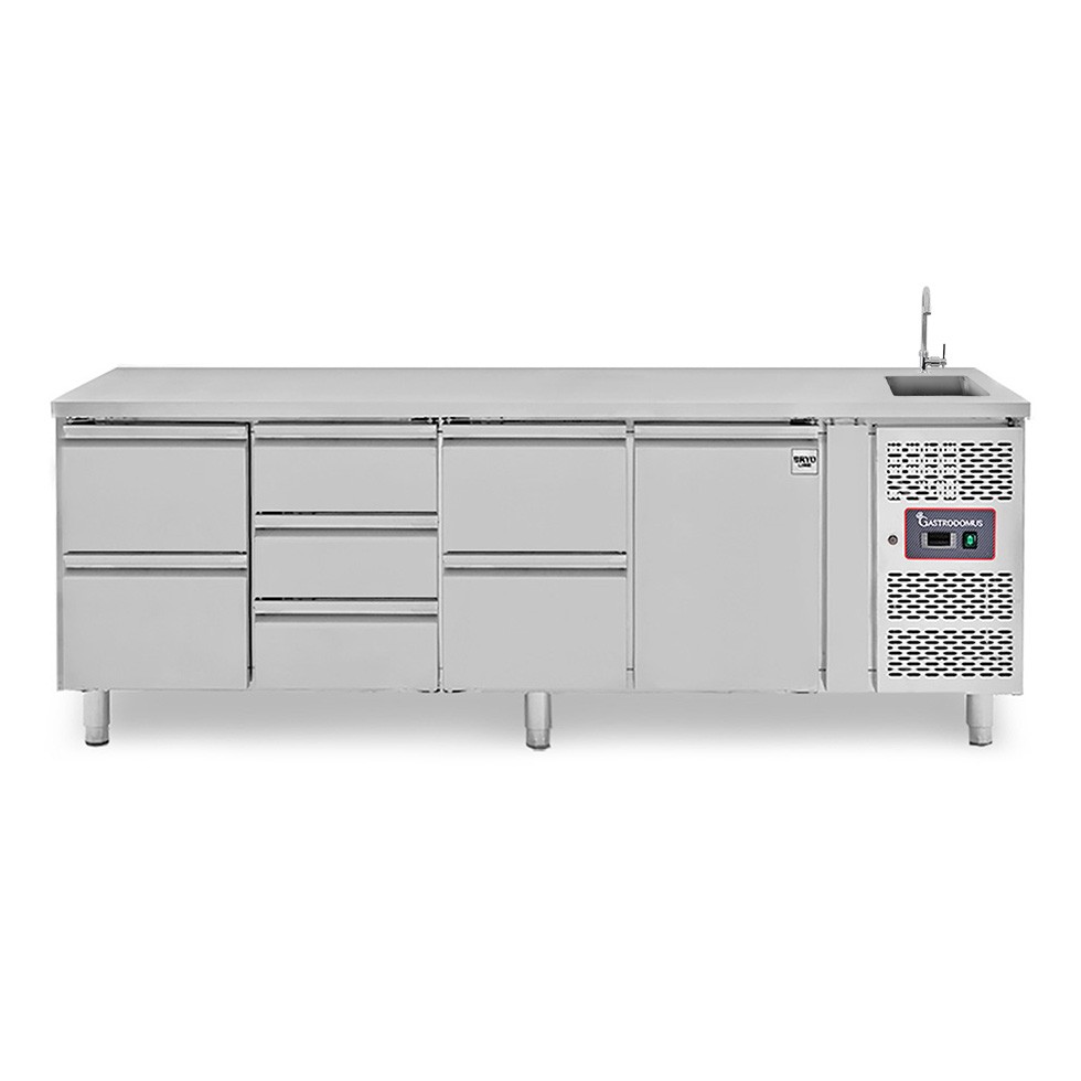 Mesa refrigerada con fregadero 7 cajones, 1 puerta - Prof. 700 mm, temp. +2°C/+8°C, con grifo