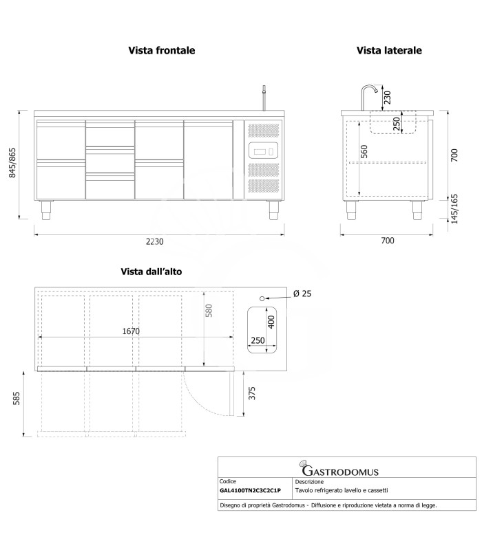 Mesa refrigerada con fregadero 7 cajones, 1 puerta - Prof. 700 mm, temp. +2°C/+8°C, con grifo