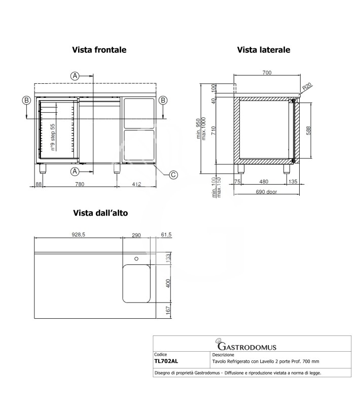 Mesa Refrigerada con fregadero 2 puertas, peto 700 mm de profundidad 0°C/+10°C Clase de eficiencia energética C
