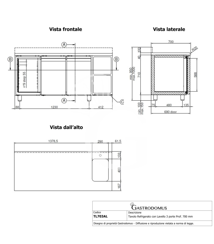 Mesa Refrigerada con fregadero 3 puertas, Peto 700 mm de profundidad 0°C/+10°C Clase de eficiencia energética C