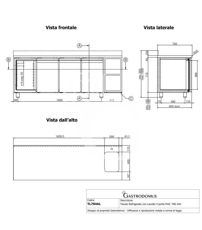 Mesa Refrigerada con fregadero y peto 4 Puertas 700 mm de profundidad para rejillas GN1/1