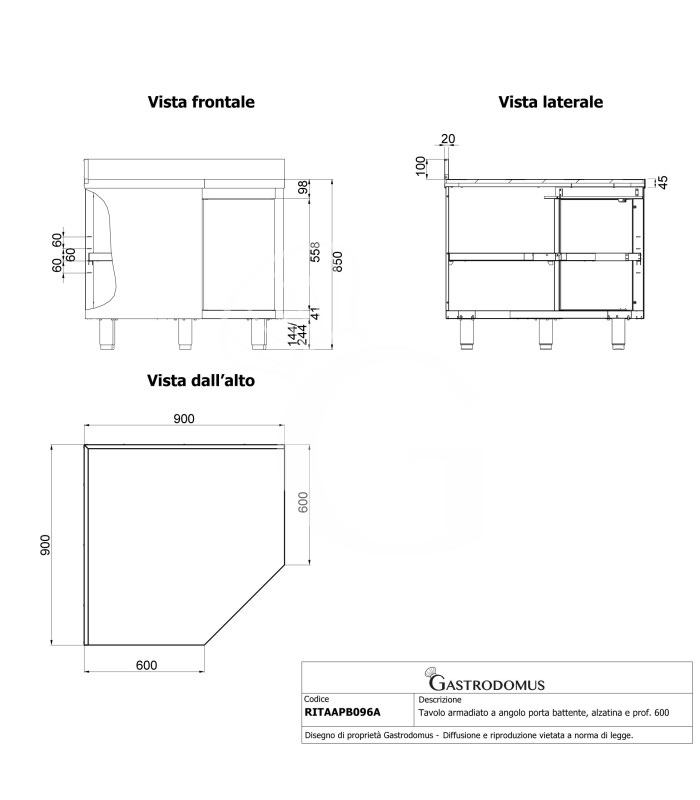 Mesa armariada en ángulo de acero inoxidable con puerta abatible y alzatina, 900×900 mm – Profundidad 600 mm
