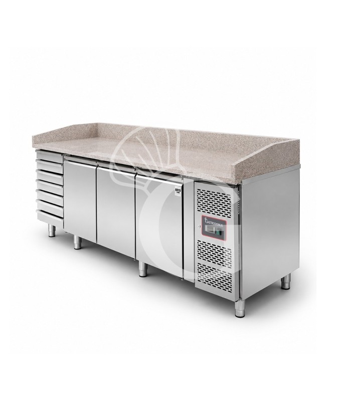 Banco de pizza refrigerado con encimera de granito, 3 puertas y 7 cajones, 580 L