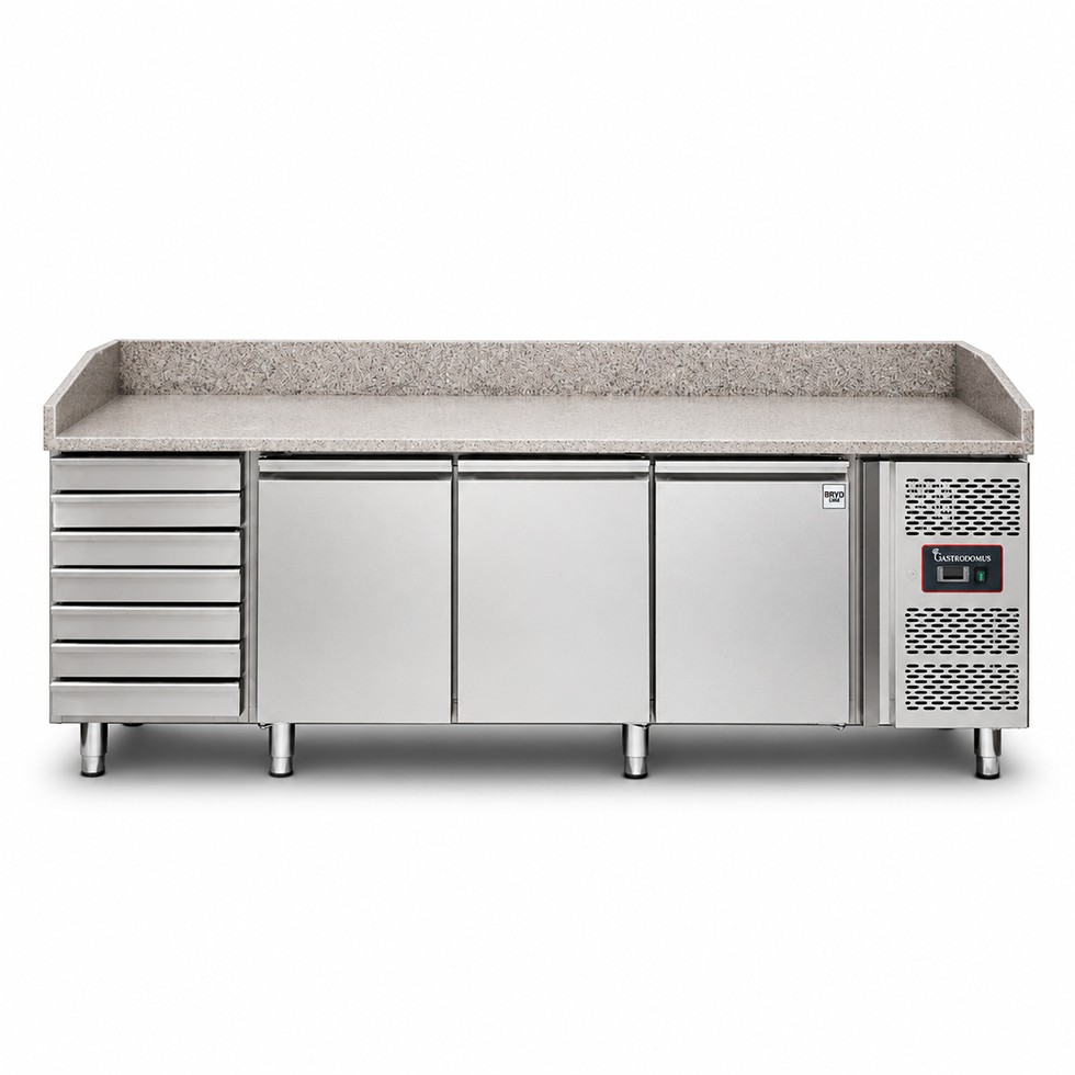 Banco de pizza refrigerado con encimera de granito, 3 puertas y 7 cajones, 580 L