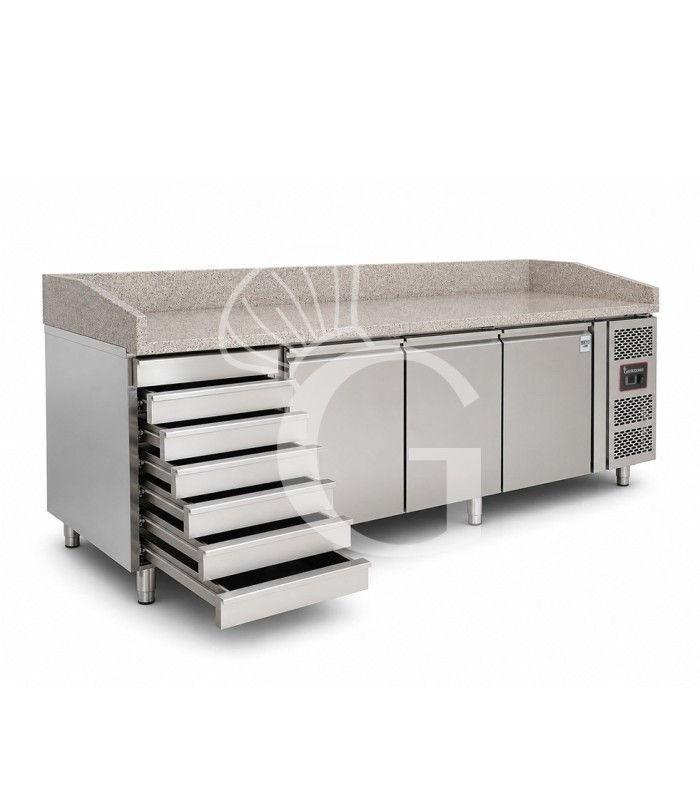 Banco de pizza refrigerado con encimera de granito, 3 puertas y 7 cajones, 580 L