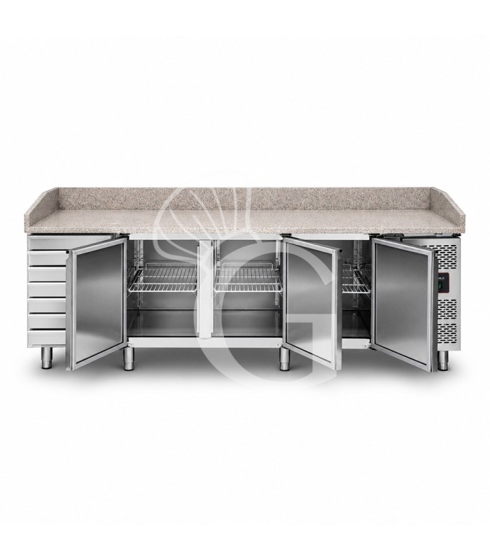 Banco de pizza refrigerado con encimera de granito, 3 puertas y 7 cajones, 580 L