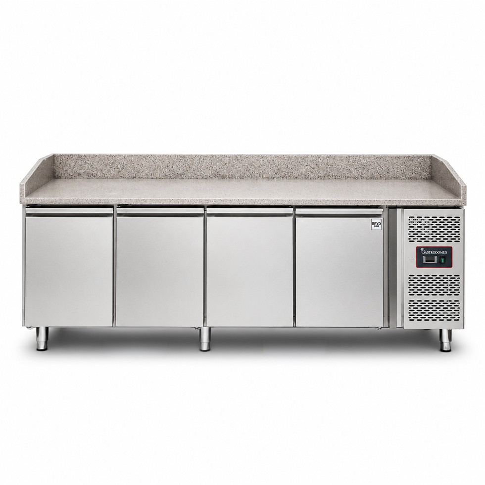 Banco de pizza refrigerado con encimera de granito, 4 puertas, 770 L