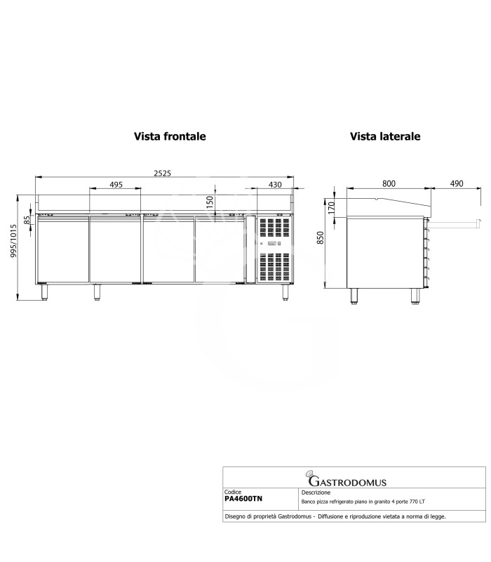 Banco de pizza refrigerado con encimera de granito, 4 puertas, 770 L