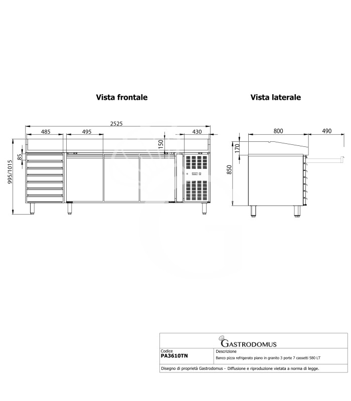 Banco de pizza refrigerado con encimera de granito, 3 puertas y 7 cajones, 580 L