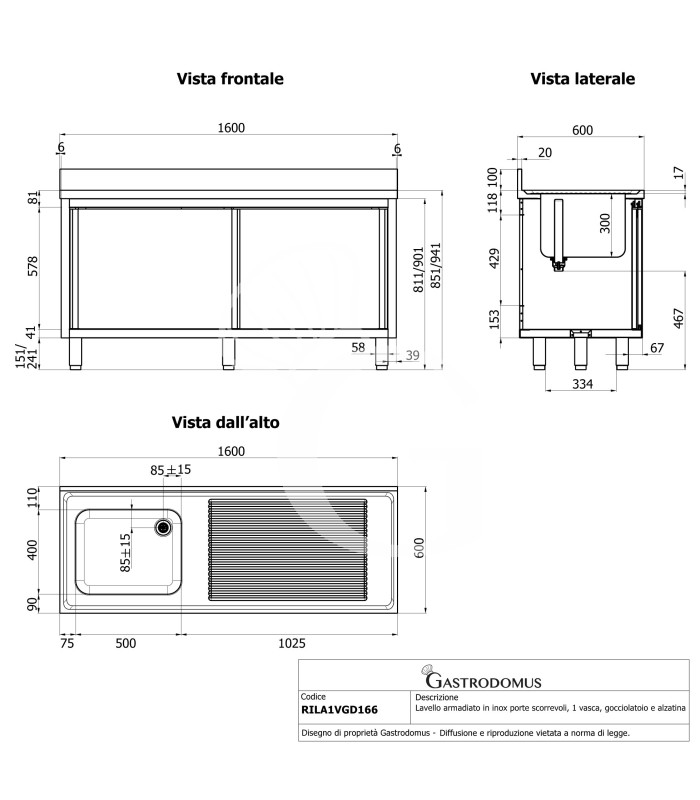Fregadero con mueble inox con 2 puertas correderas, 1 cubeta, escurridor a la derecha y peto L1600mmxP600mmxA950mm