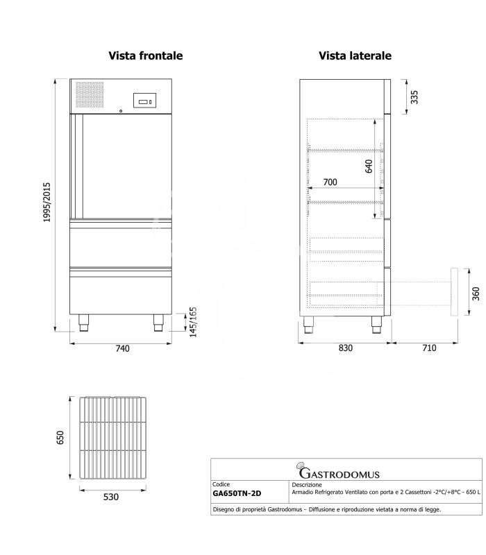Armario refrigerado ventilado con 1 puerta y 2 cajones –2 °C / +8 °C · 650 L · clase energética D