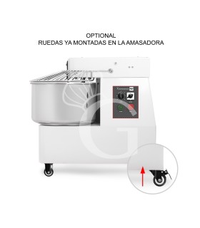 Ruedas ya montadas en la amasadora – Producto listo para usar (4 ruedas, 2 con freno)