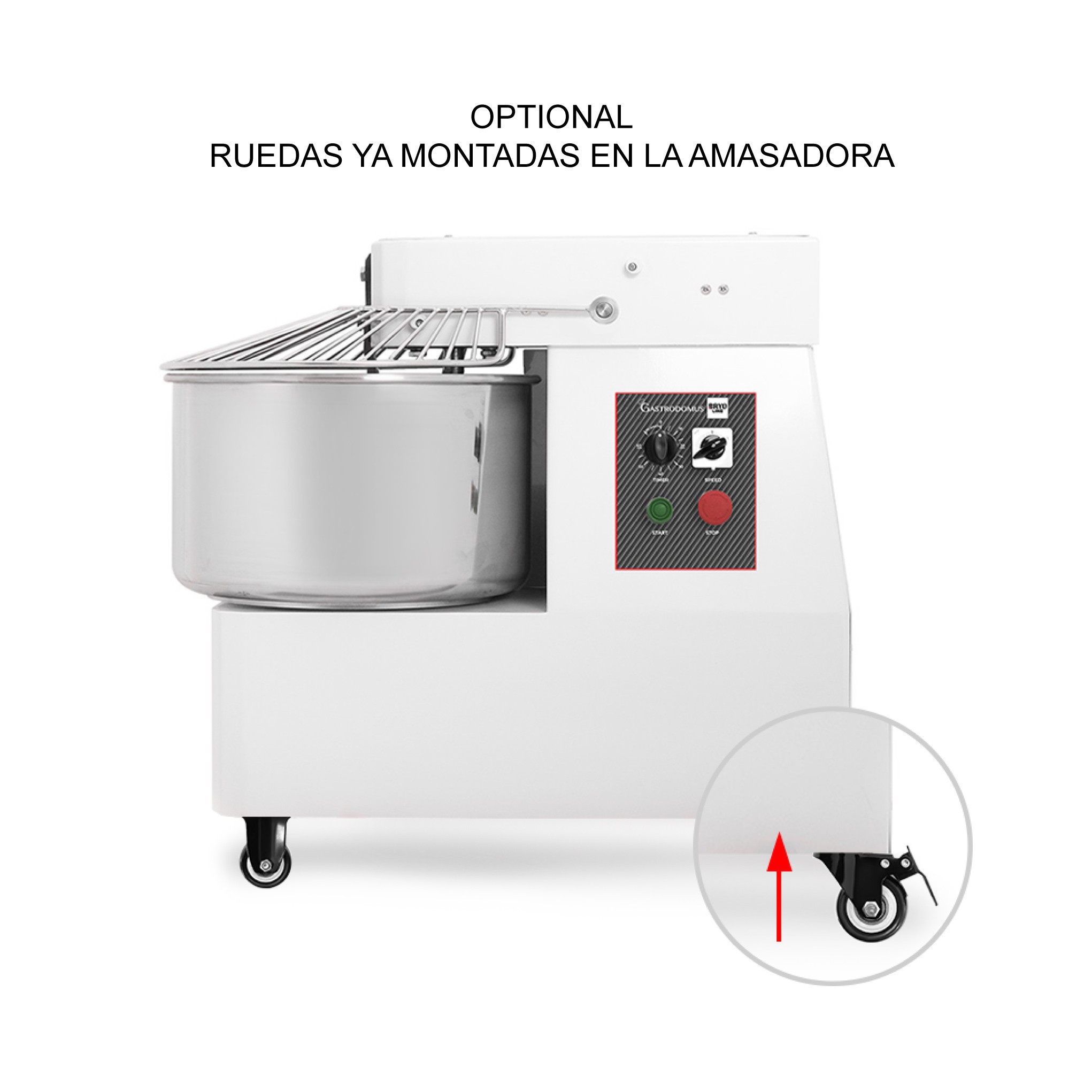 Ruedas ya montadas en la amasadora – Producto listo para usar (4 ruedas, 2 con freno)